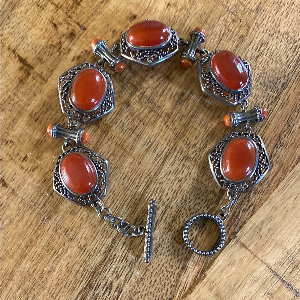 Jean Lin Carnelian Agate & Coral Sterling Silver Link Bracelet